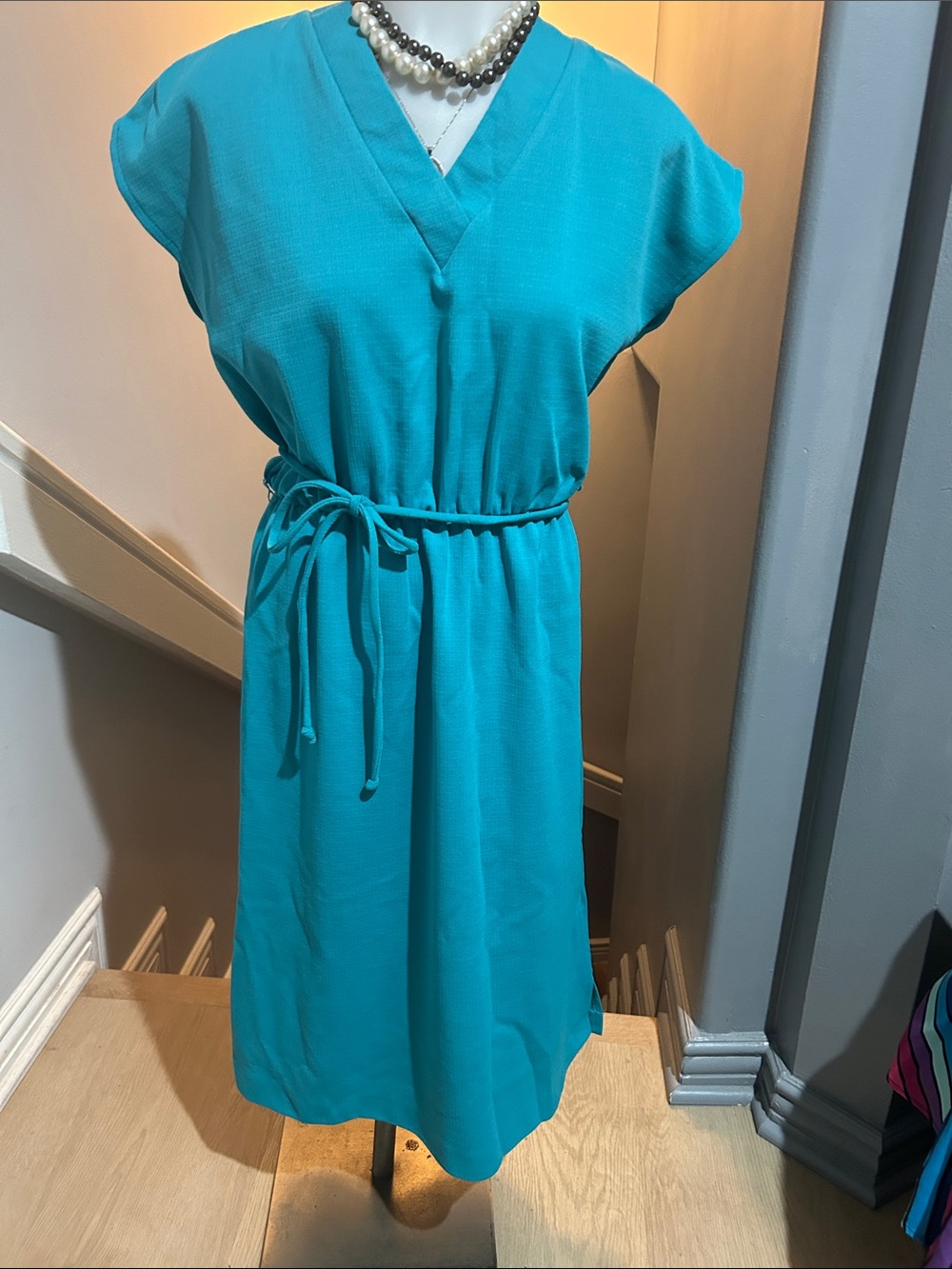 Retro Sears Turquoise V-Neck Belted Women's Dress